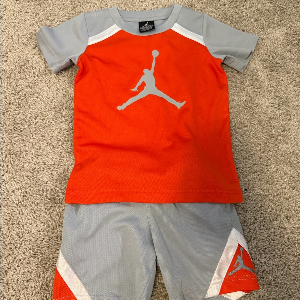 Jordan Orange and Gray Short Sleeve Kids Tee & Shorts Set